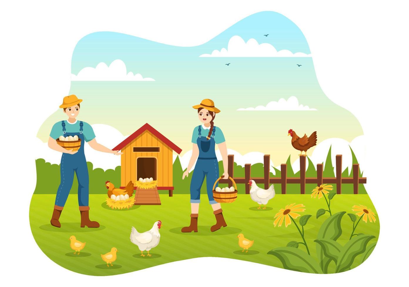 pollame agricoltura con contadino, gabbia, pollo e uovo azienda agricola su verde campo sfondo Visualizza nel mano disegnato carino cartone animato modello illustrazione vettore