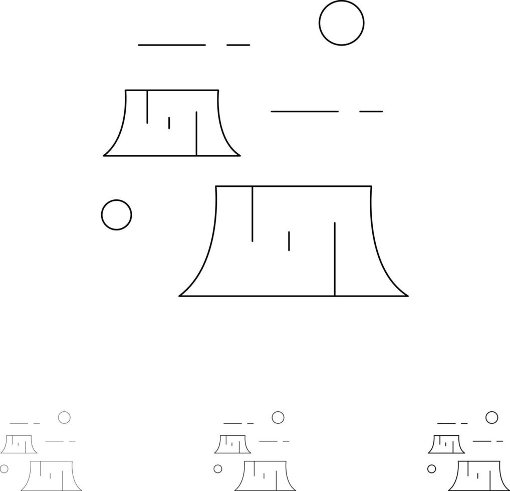 fabbrica danno la deforestazione distruzione ambiente grassetto e magro nero linea icona impostato vettore
