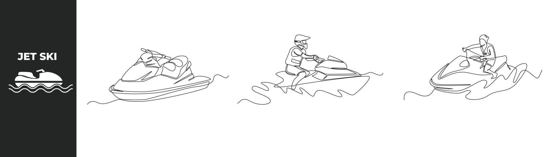 singolo uno linea disegno equitazione Jet sciare impostato concetto. giovane uomo sport nel un' casco e vita giacca su un' Jet sciare e Jet sciare icona. continuo linea disegnare design grafico vettore illustrazione.