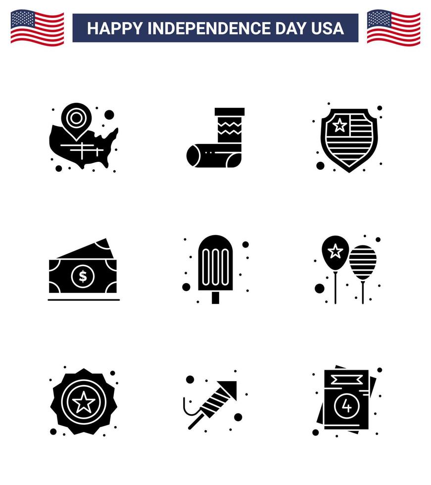 4 ° luglio Stati Uniti d'America contento indipendenza giorno icona simboli gruppo di 9 moderno solido glifi di cibo Stati Uniti d'America regalo americano dollaro modificabile Stati Uniti d'America giorno vettore design elementi