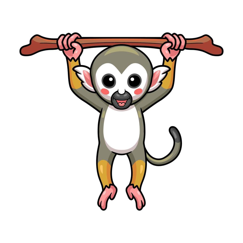 carino poco scoiattolo scimmia cartone animato sospeso su albero vettore