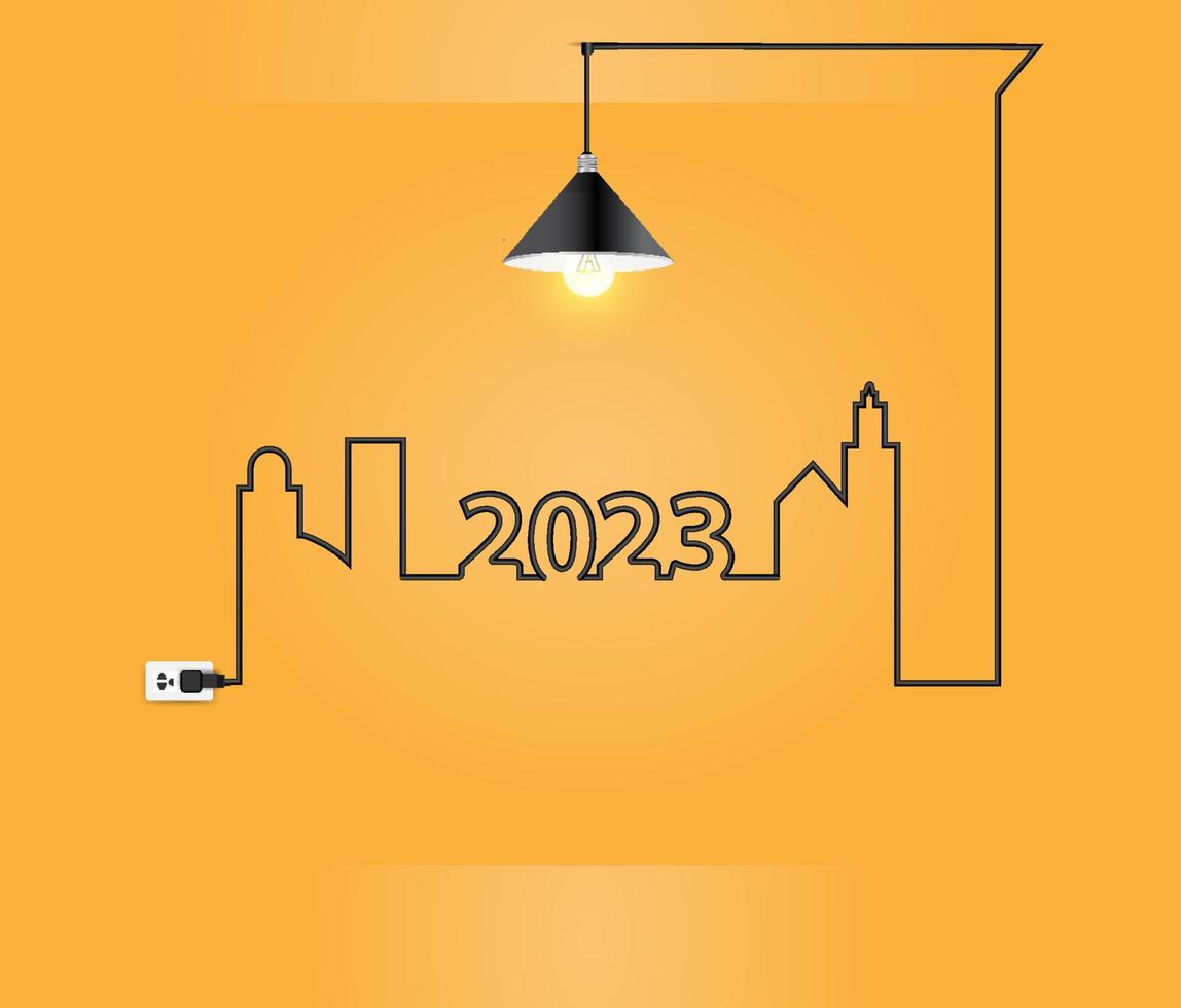 contento nuovo anno 2023 interno design con creativo filo leggero lampadina idea concetto nel parete camera, vettore illustrazione moderno disposizione modello design