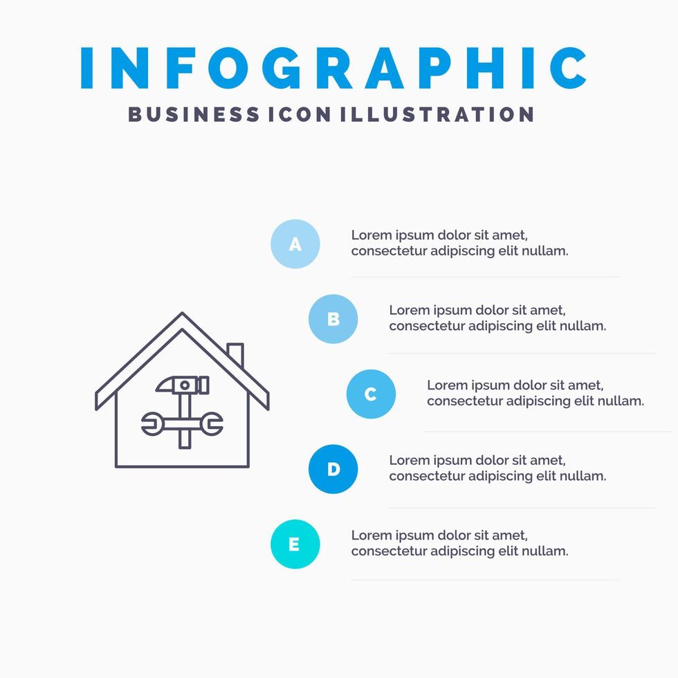 casa edificio costruzione riparazione martello chiave inglese linea icona con 5 passaggi presentazione infografica sfondo vettore