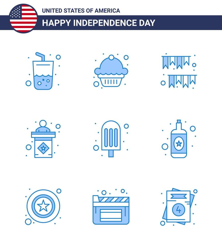 Stati Uniti d'America contento indipendenza pictogram impostato di 9 semplice blues di cibo cartello ghirlanda palcoscenico Stati Uniti d'America modificabile Stati Uniti d'America giorno vettore design elementi