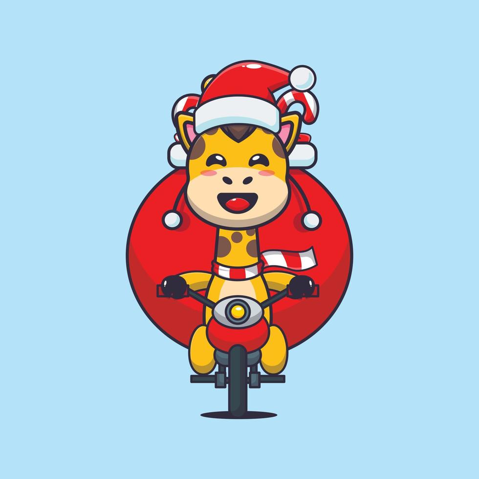 carino giraffa trasporto Natale regalo con motociclo. carino Natale cartone animato illustrazione. vettore