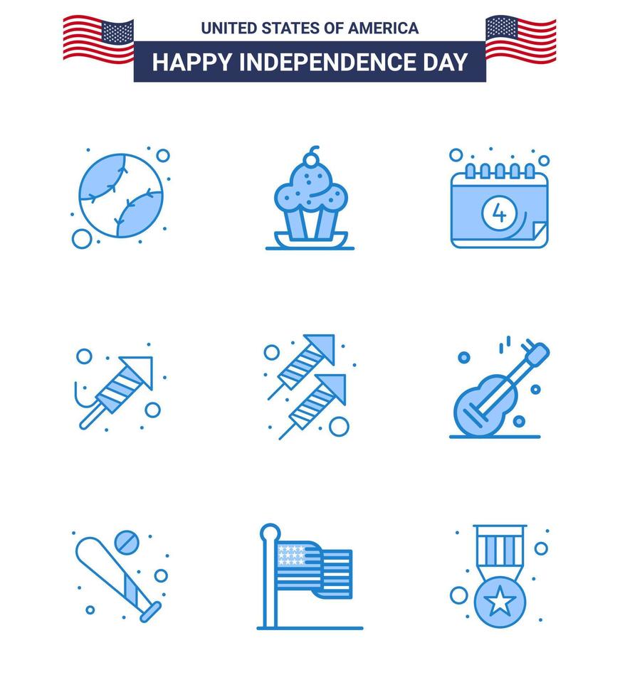 Stati Uniti d'America contento indipendenza pictogram impostato di 9 semplice blues di celebrazione Festival ringraziamento religione giorno modificabile Stati Uniti d'America giorno vettore design elementi