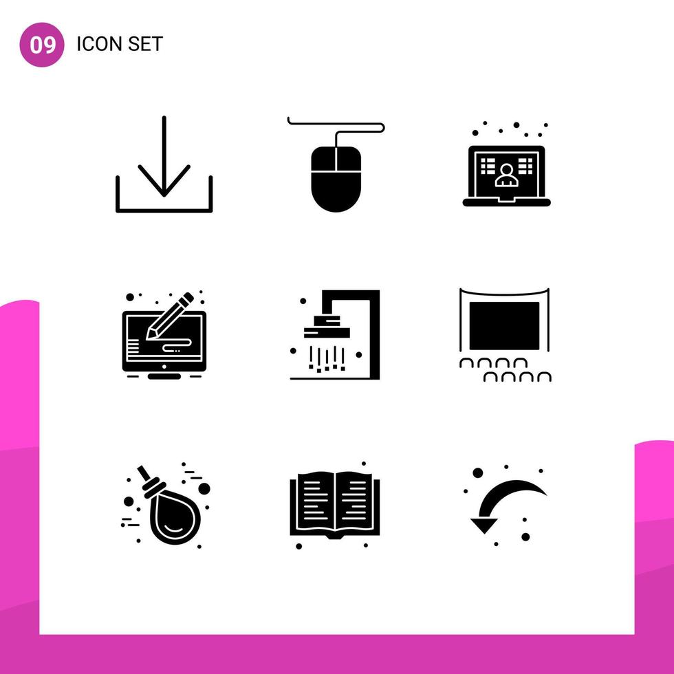 9 solido glifo concetto per siti web mobile e applicazioni cinema doccia copia pulizia bagno modificabile vettore design elementi