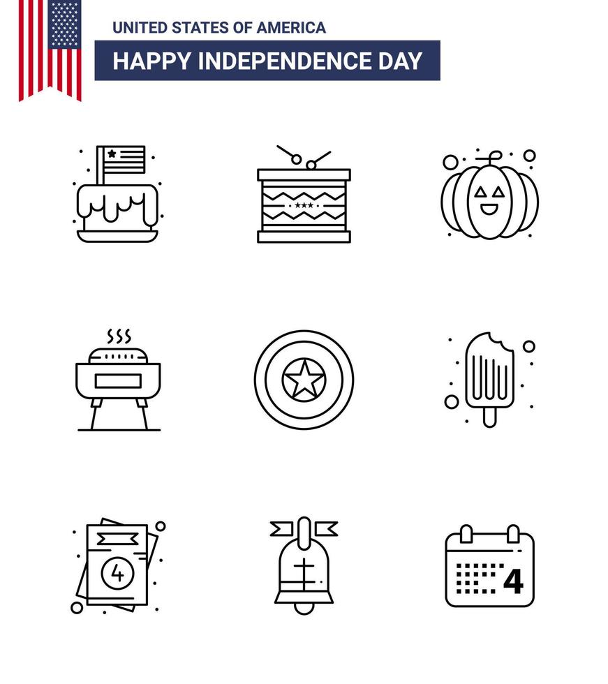 Stati Uniti d'America contento indipendenza pictogram impostato di 9 semplice Linee di vacanza festa parata celebrazione Festival modificabile Stati Uniti d'America giorno vettore design elementi