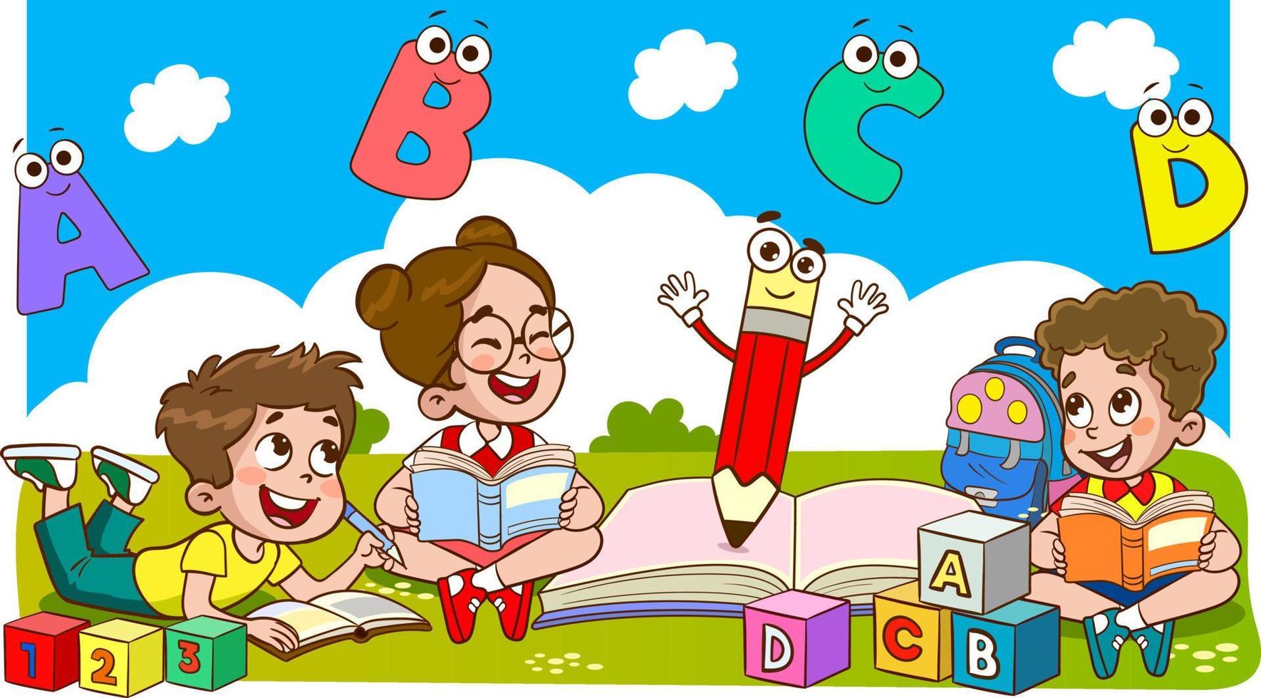 bambini discutere compiti a casa e lettura libri insieme.vettore illustrazione di bambino formazione scolastica vettore