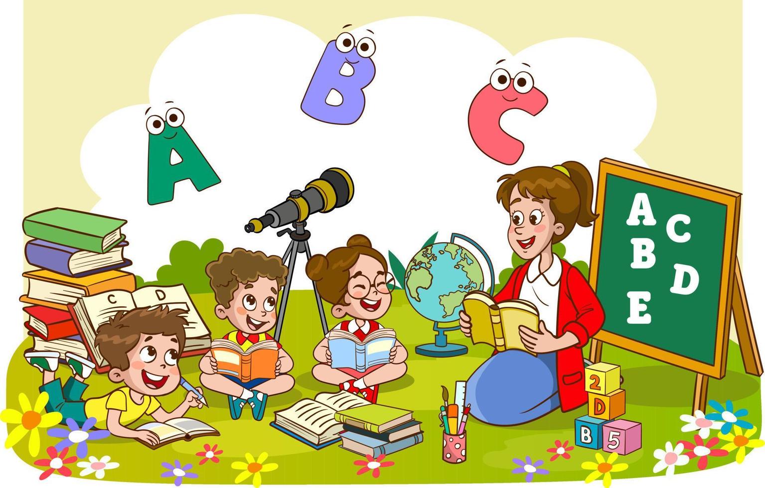 contento bambini leggere libro e studia insieme con insegnante vettore