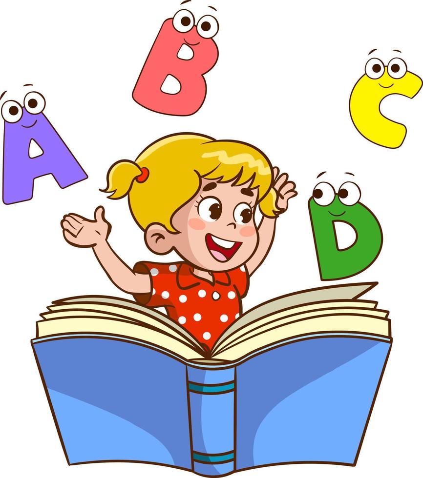 contento carino poco ragazzo con libro e lettere.carino poco bambino lettura un' libro vettore illustrazione.bambini apprendimento per leggere e Scrivi