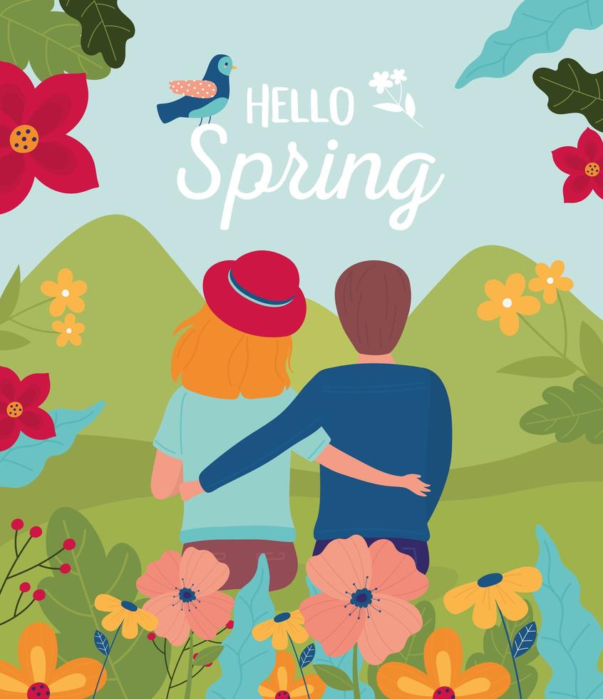 ciao poster di celebrazione di primavera con coppia e fiori vettore