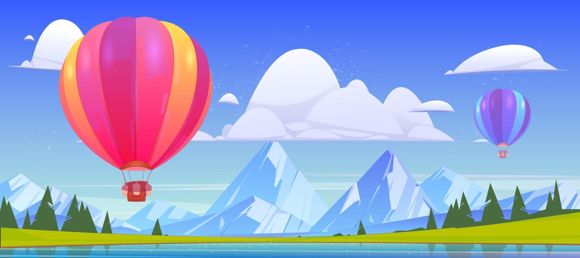 montagna paesaggio con lago e caldo aria palloncini vettore
