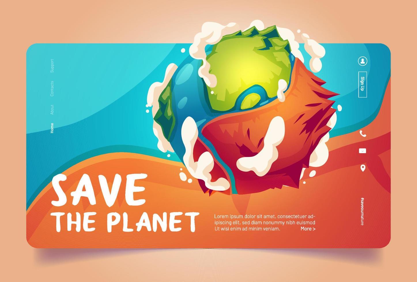 Salva il pianeta cartone animato atterraggio pagina, terra globo vettore