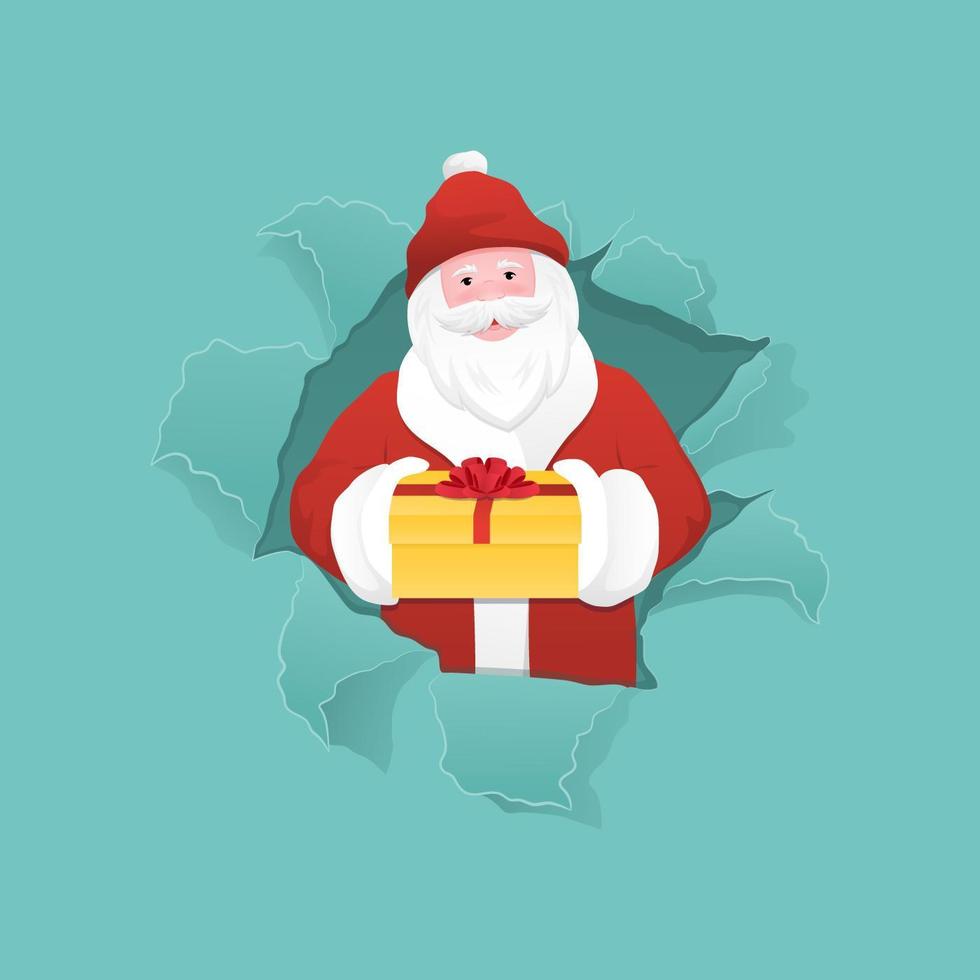 Babbo Natale con regalo nel foro di carta strappato vettore