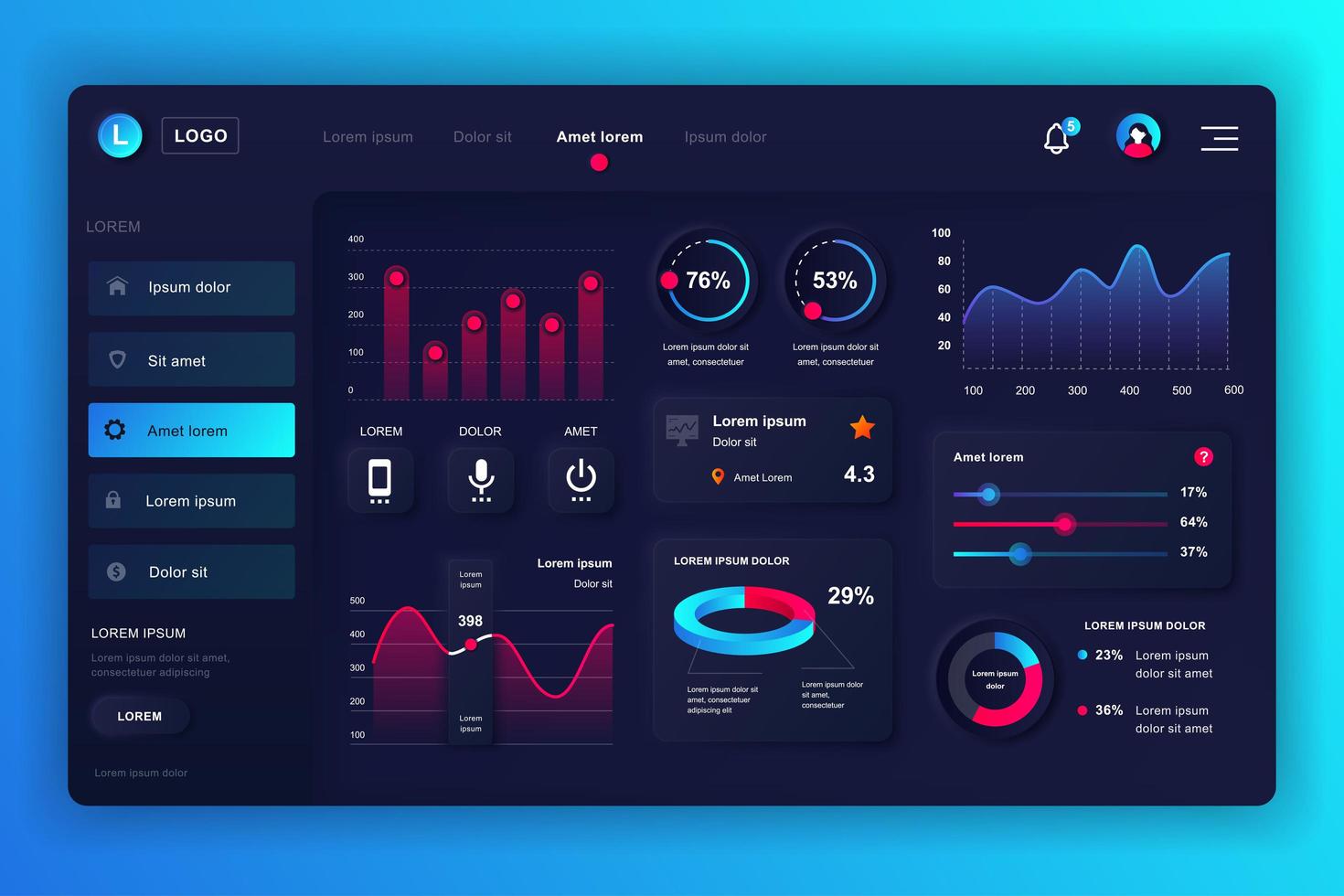 pannello di amministrazione neumorfo kit ui dashboard vettore