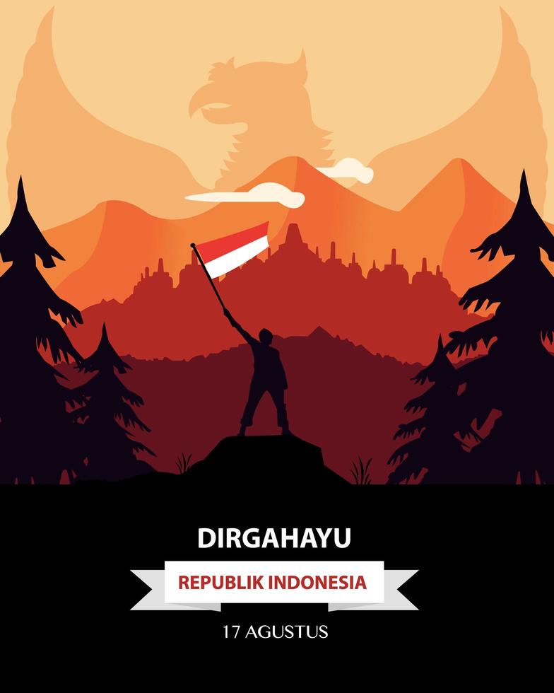 banner del giorno dell'indipendenza dell'indonesia con scena della foresta vettore
