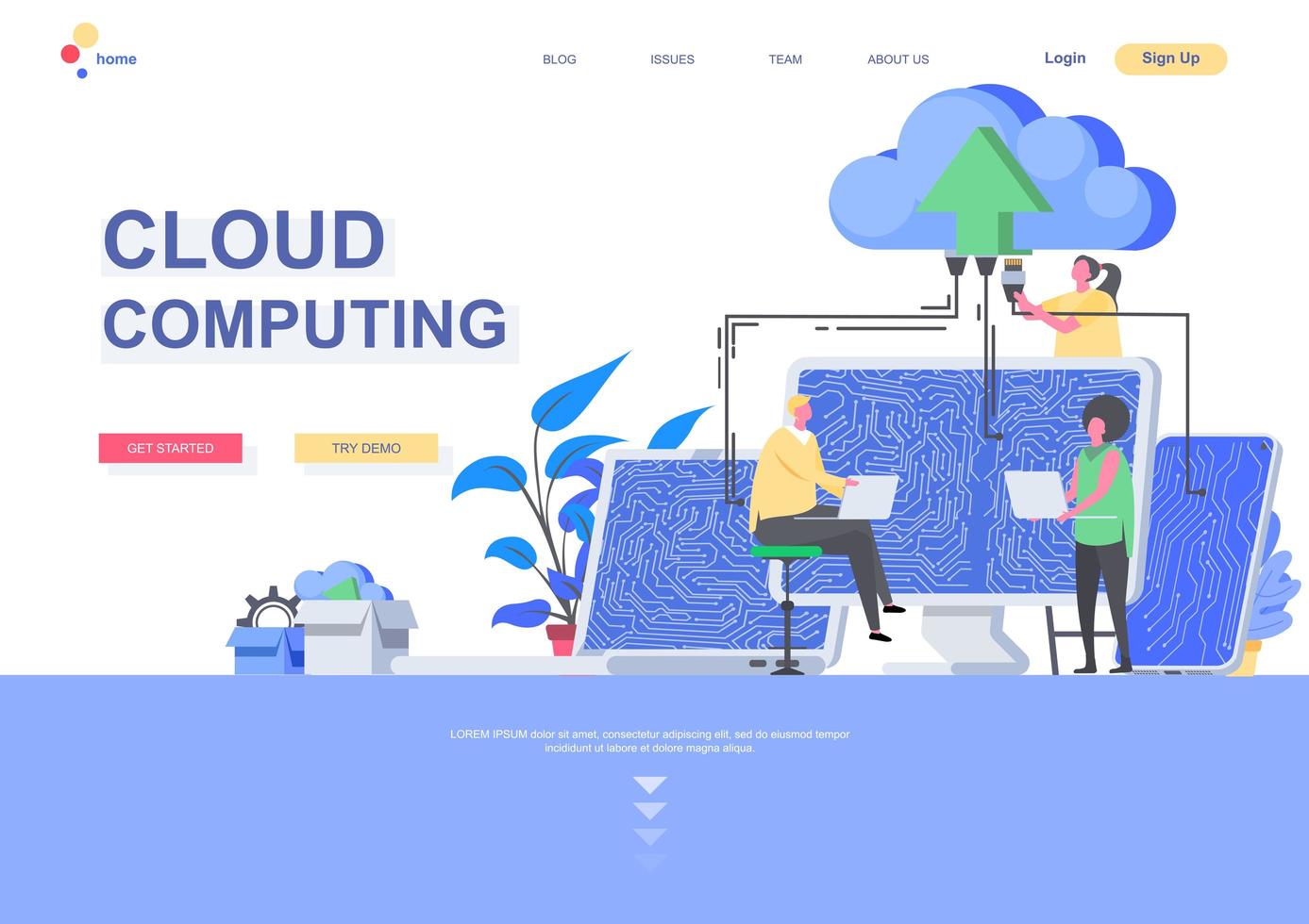 modello di pagina di destinazione piatta cloud computing vettore