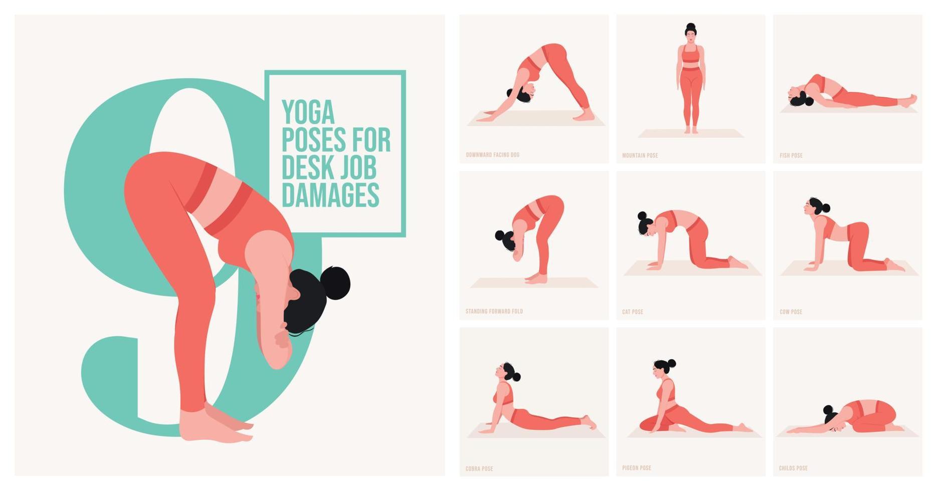 yoga pose per scrivania lavoro danni. giovane donna praticante yoga posa. donna allenarsi fitness, aerobico e esercizi. vettore illustrazione.