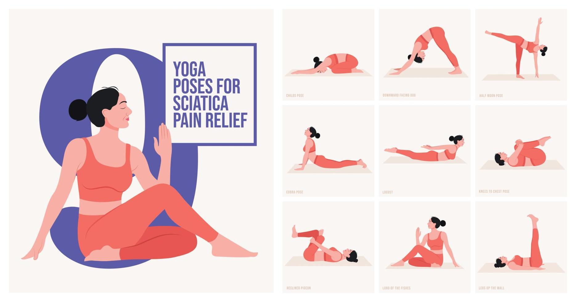 yoga pose per sciatica dolore sollievo. giovane donna praticante yoga posa. donna allenarsi fitness, aerobico e esercizi. vettore illustrazione.