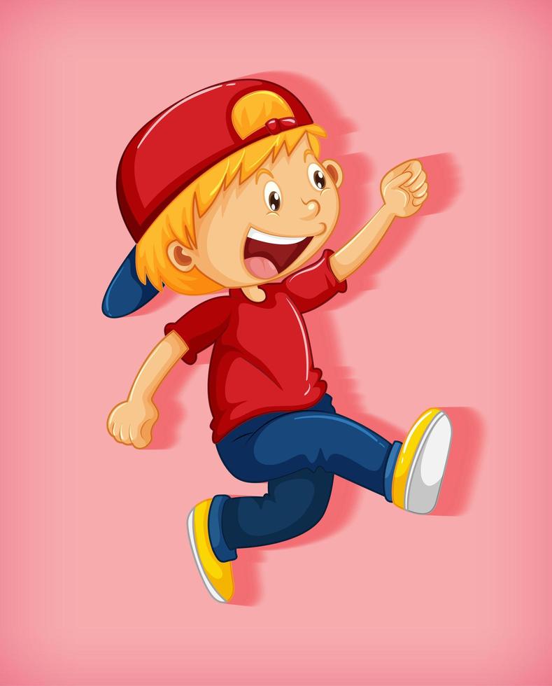 ragazzo carino che indossa berretto rosso con stranglehold in posizione di camminata personaggio dei cartoni animati isolato su sfondo rosa vettore