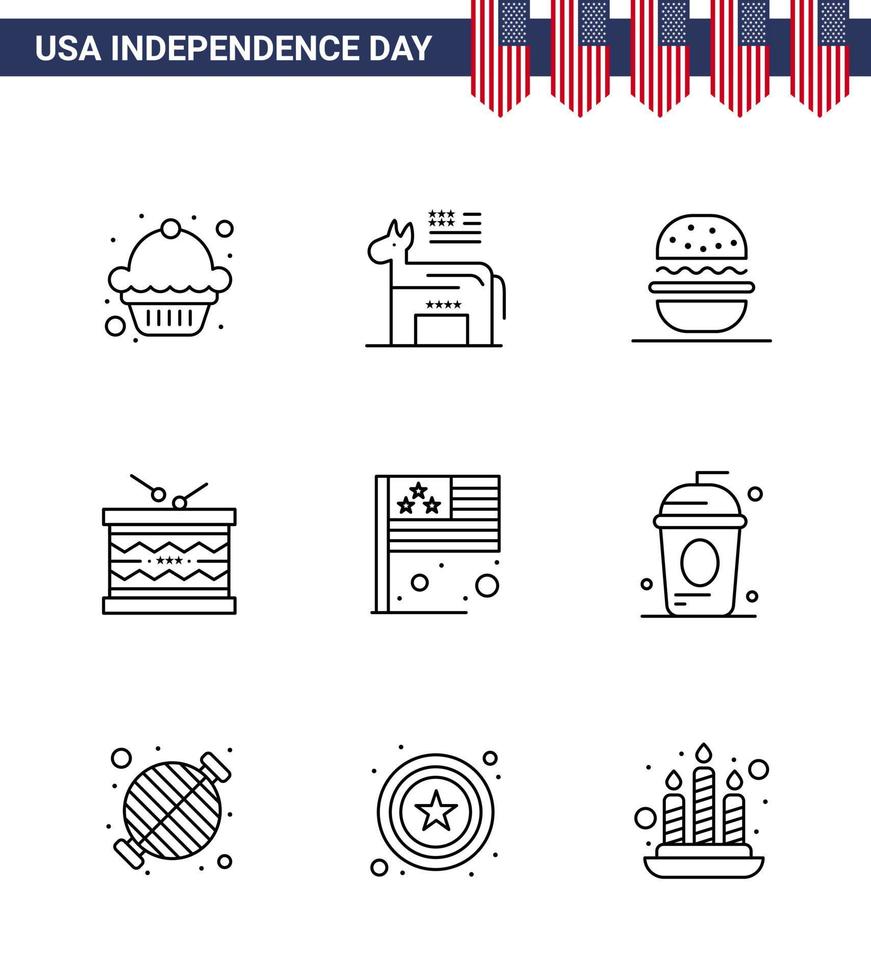 9 Stati Uniti d'America linea segni indipendenza giorno celebrazione simboli di nazione st mangiare parata strumento modificabile Stati Uniti d'America giorno vettore design elementi
