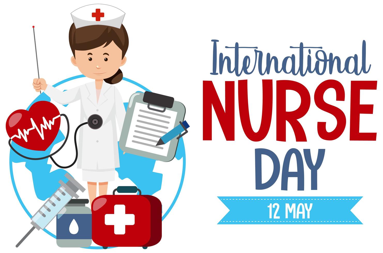 logo della giornata internazionale dell'infermiera con infermiera carina ed elementi medici vettore