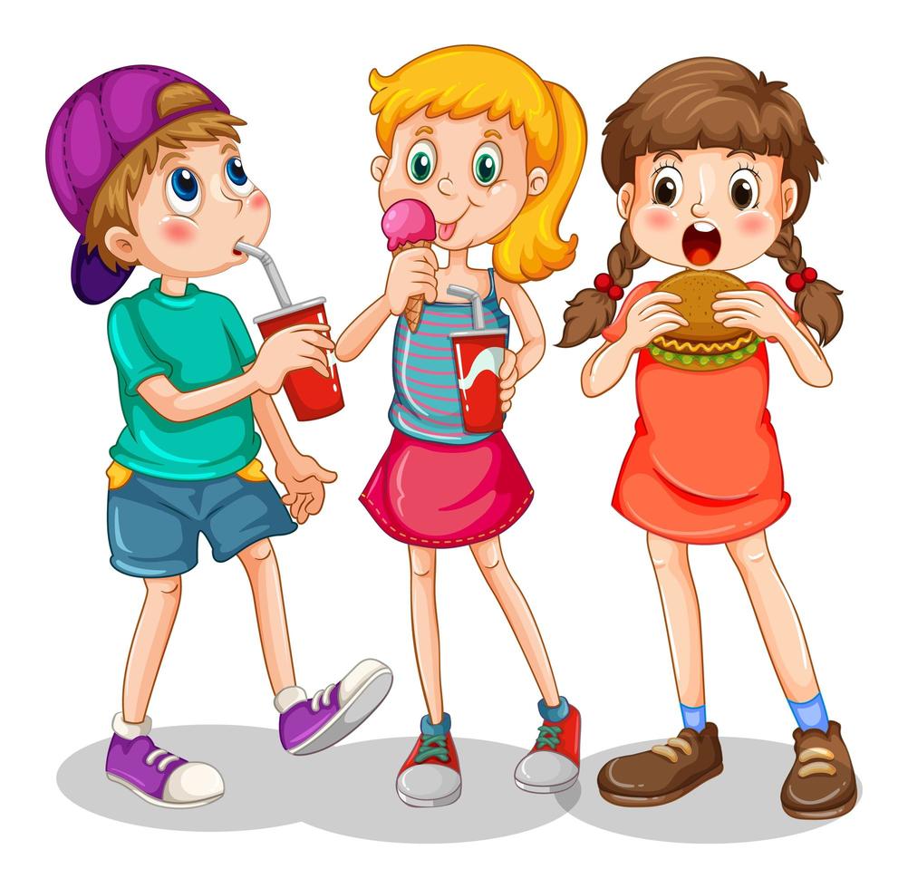 gruppo di bambini che mangiano fast food vettore
