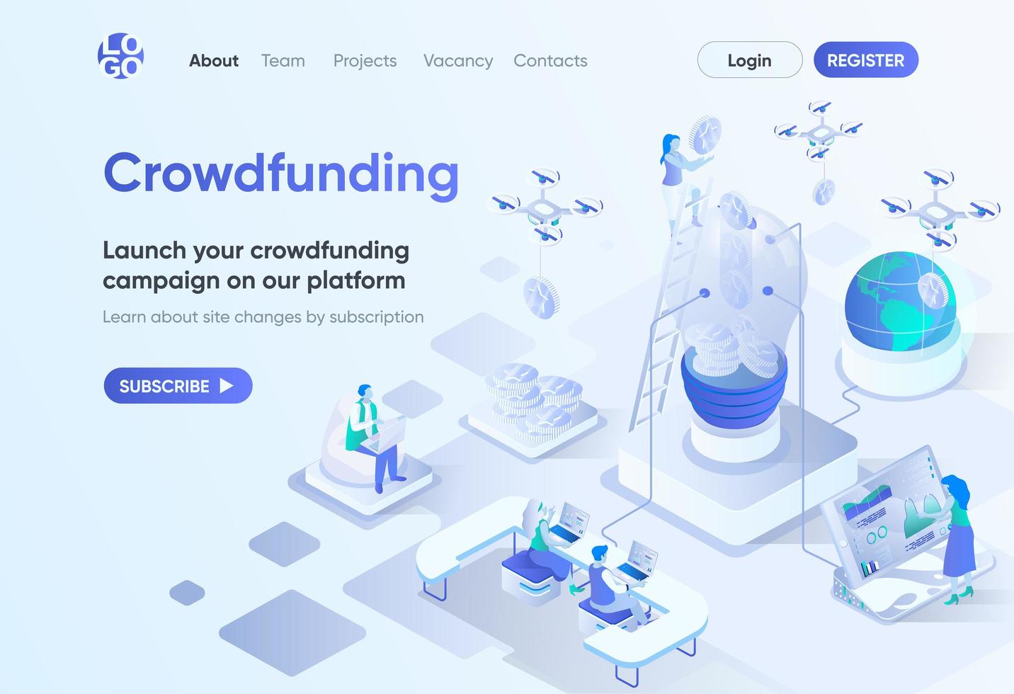 pagina di destinazione isometrica della piattaforma di crowdfunding vettore