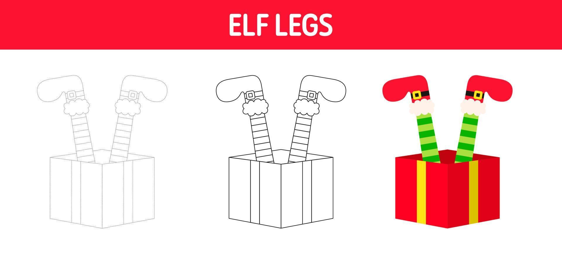 Natale elfo piedi tracciato e colorazione foglio di lavoro per bambini vettore