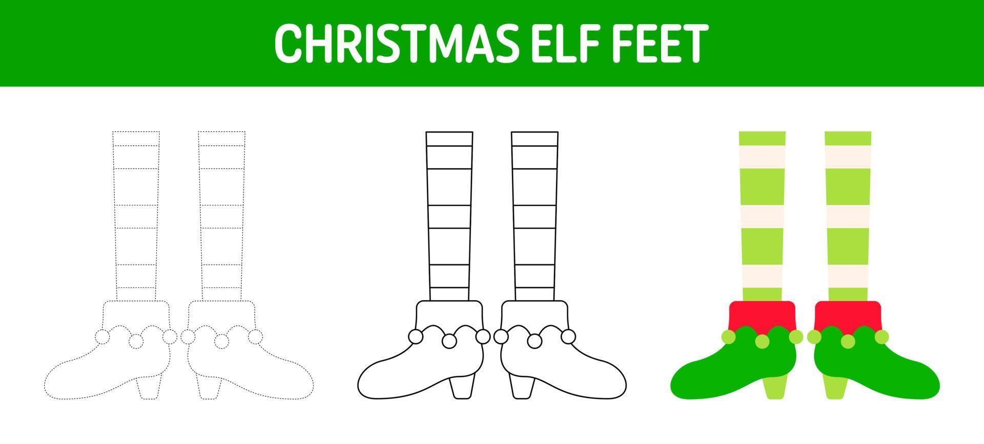 Natale elfo piedi tracciato e colorazione foglio di lavoro per bambini vettore