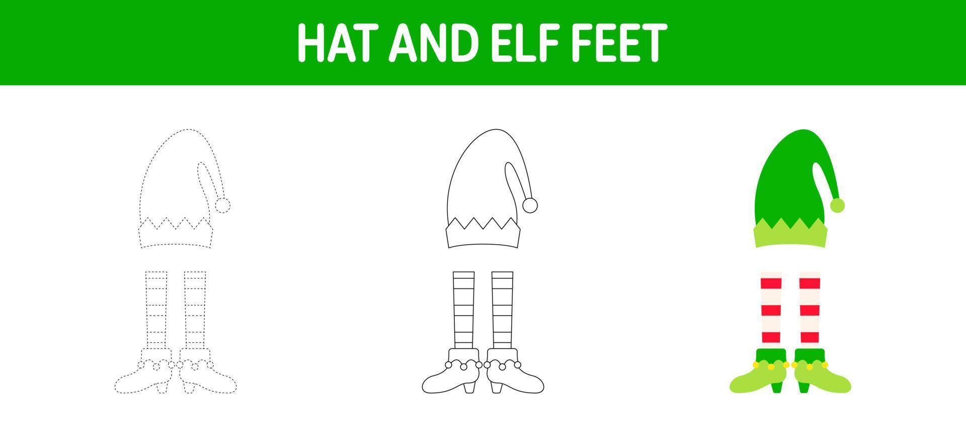 cappello e elfo piedi tracciato e colorazione foglio di lavoro per bambini vettore