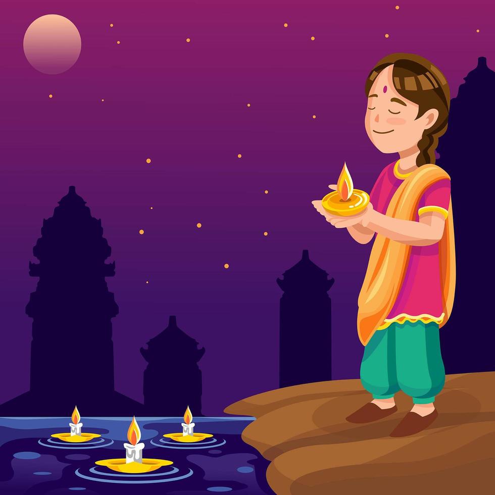 una ragazza celebra la notte di diwali vettore