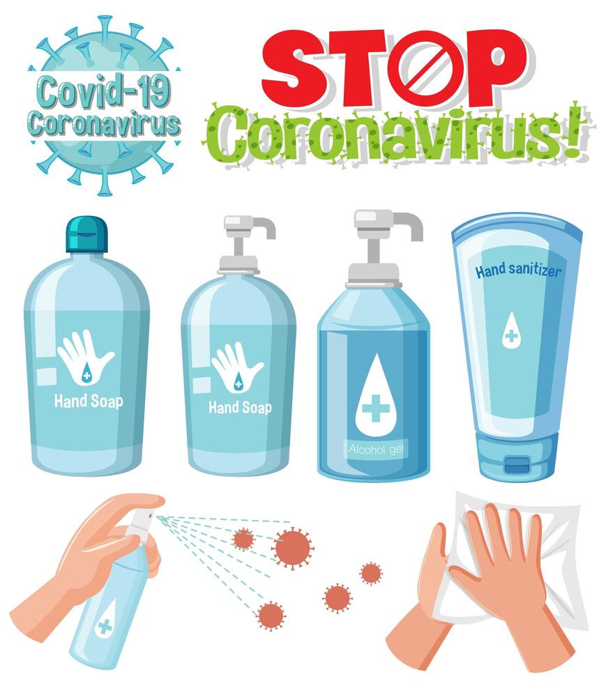 fermare il segno di testo del coronavirus con il tema del coronavirus e prodotti disinfettanti vettore
