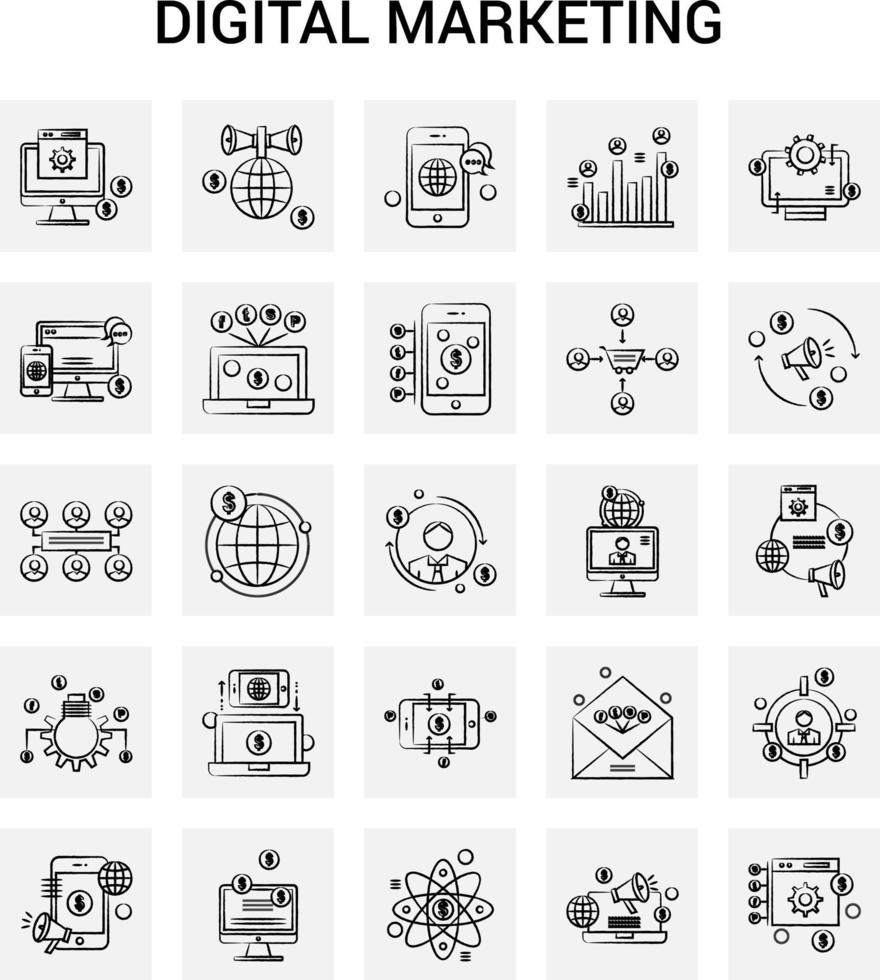 25 mano disegnato digitale marketing icona impostato grigio sfondo vettore scarabocchio