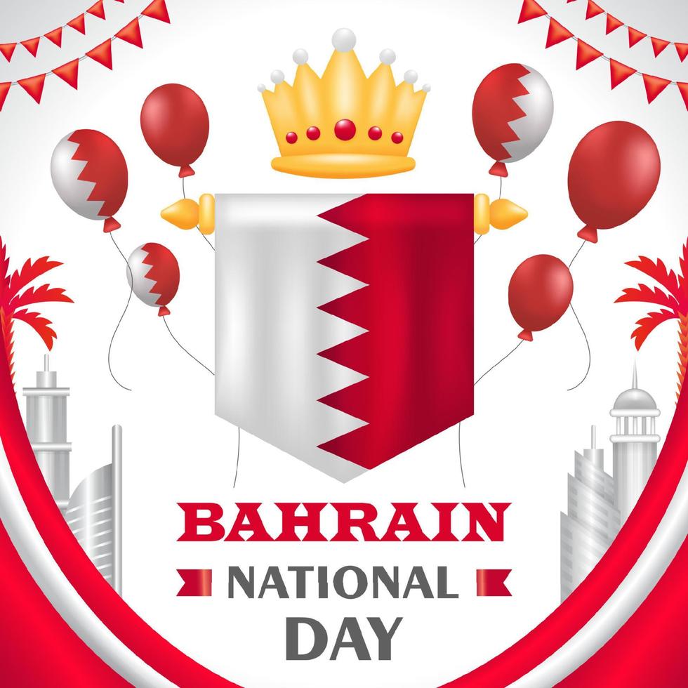 bahrain nazionale giorno, 3d illustrazione di bandiera e corona con edificio ornamenti e palloncini vettore