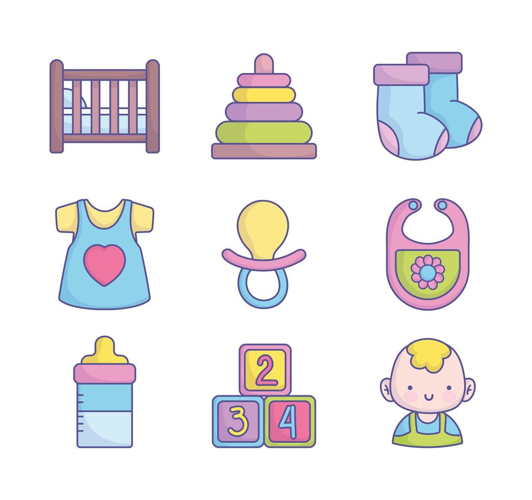 collezione di icone di baby shower carino vettore