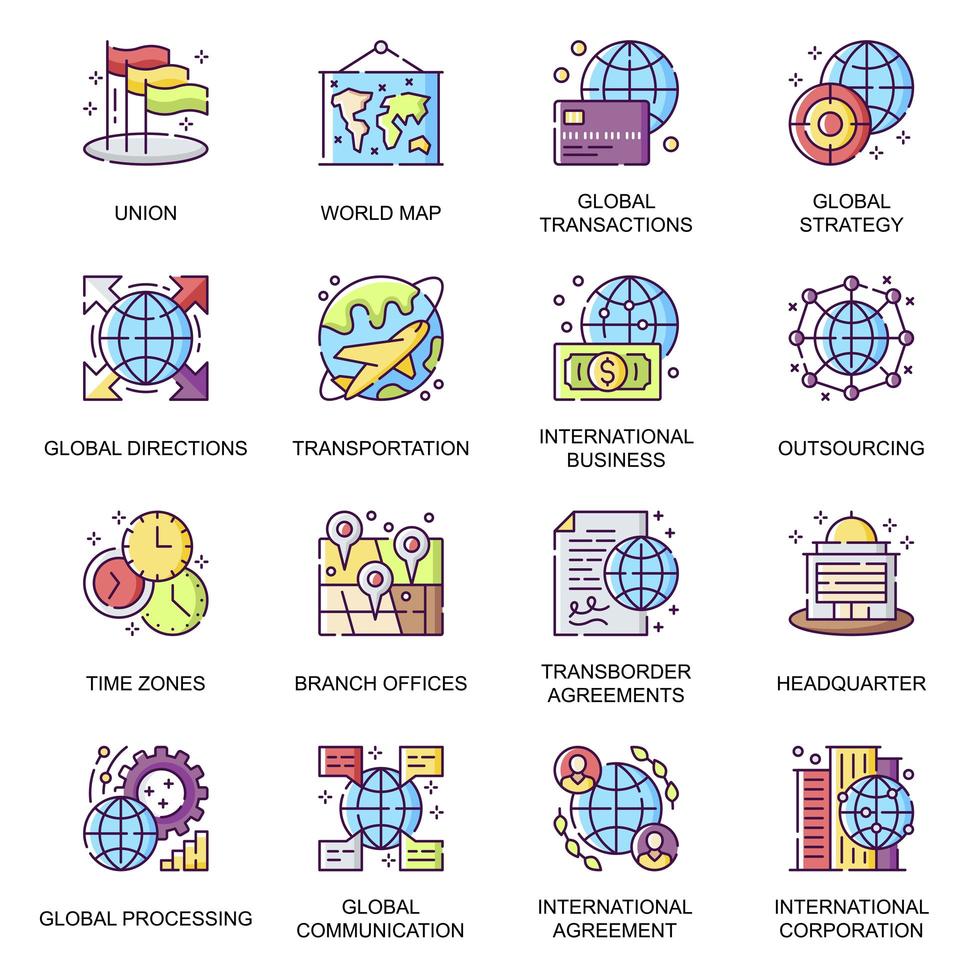 business globale, set di icone piatte vettore