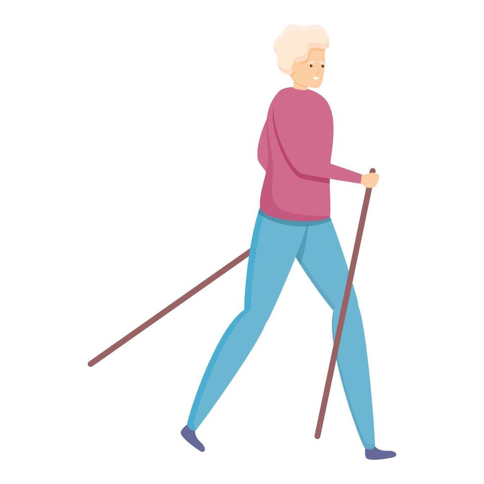 escursioni a piedi vecchio donna icona, cartone animato stile vettore