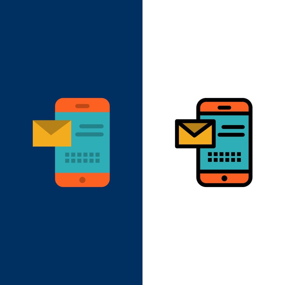 mobile Messaggio sms Chiacchierare ricevente sms icone piatto e linea pieno icona impostato vettore blu sfondo
