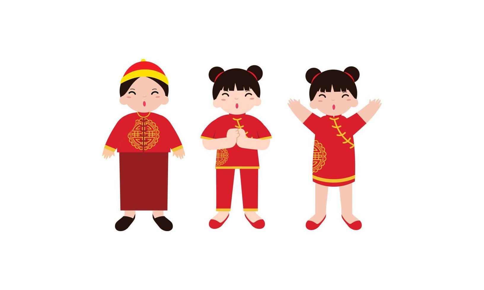 contento Cinese nuovo anno carta con un' ragazzo indossare Cinese tradizionale costumi vettore