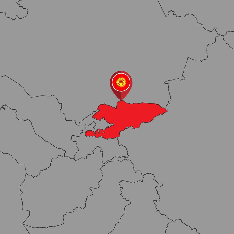 mappa pin con bandiera del Kirghizistan sulla mappa del mondo. illustrazione vettoriale. vettore