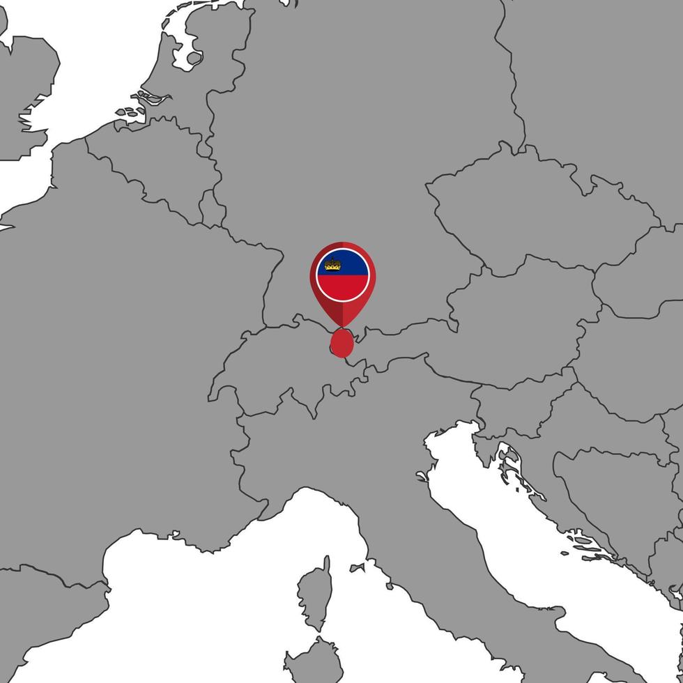 mappa pin con bandiera del Liechtenstein sulla mappa del mondo. illustrazione vettoriale. vettore