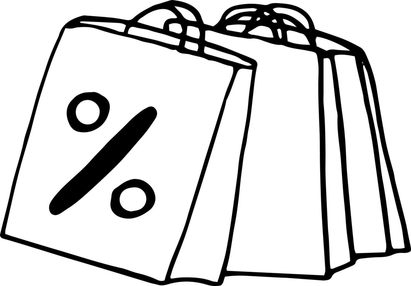 shopping borse con percentuale cartello icona. schizzo mano disegnato scarabocchio stile. minimalismo monocromo. sconti, negozio, vendita vettore