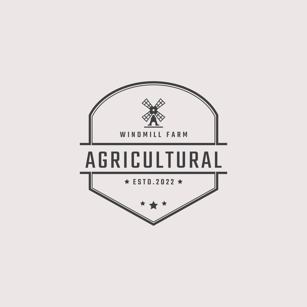 Vintage ▾ retrò distintivo emblema agricolo mulino a vento forno biologico Grano logo design lineare stile. monocromatico campagna alternativa energia vento mulino energia ecologia rurale produzione marchio vettore