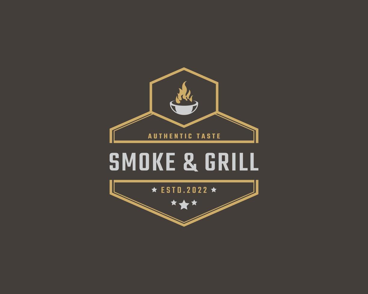 Vintage ▾ retrò distintivo emblema griglia barbeque bbq fuoco fiamma logo design lineare stile vettore