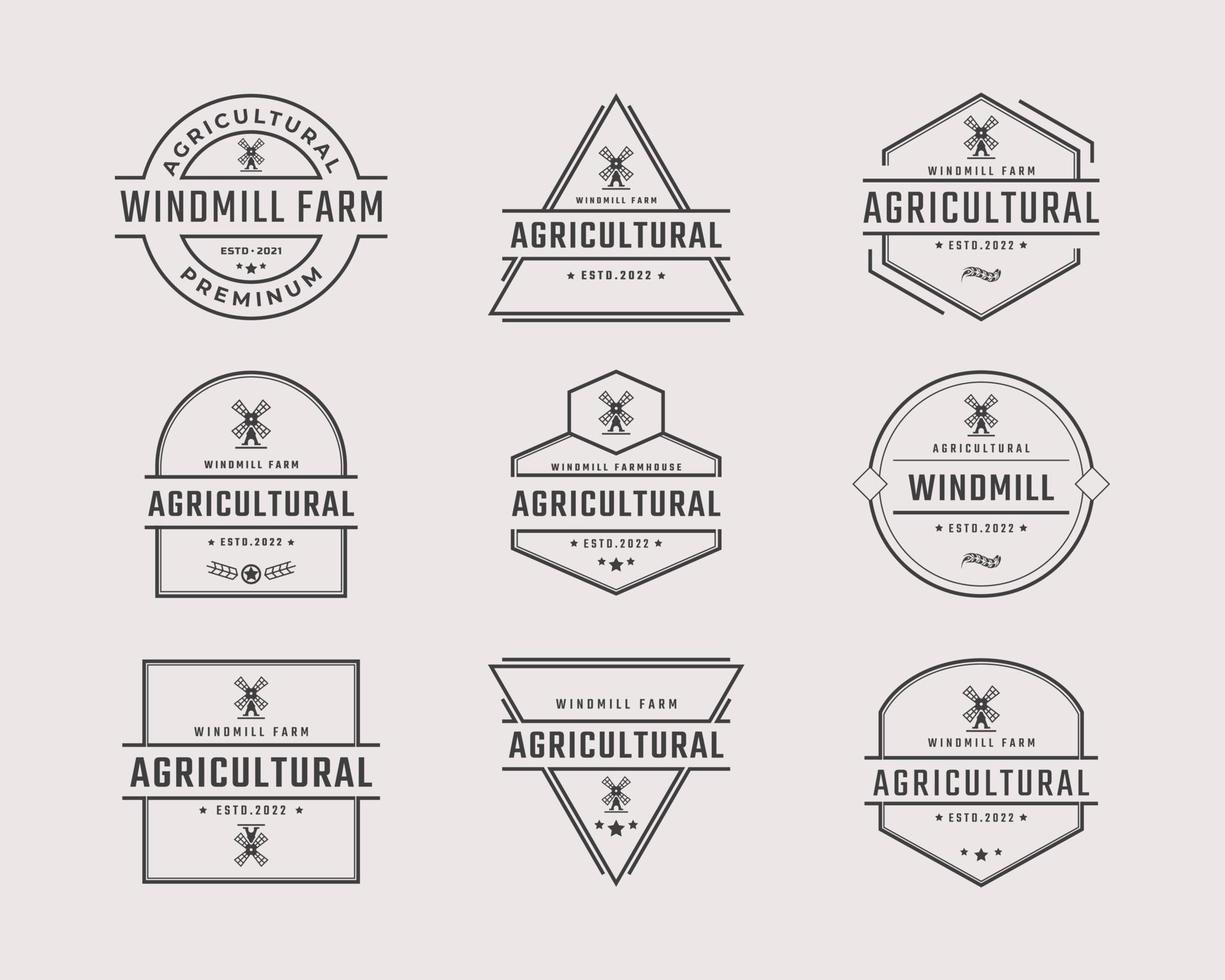 Vintage ▾ retrò distintivo emblema agricolo mulino a vento forno biologico Grano logo design lineare stile. monocromatico campagna alternativa energia vento mulino energia ecologia rurale produzione marchio vettore