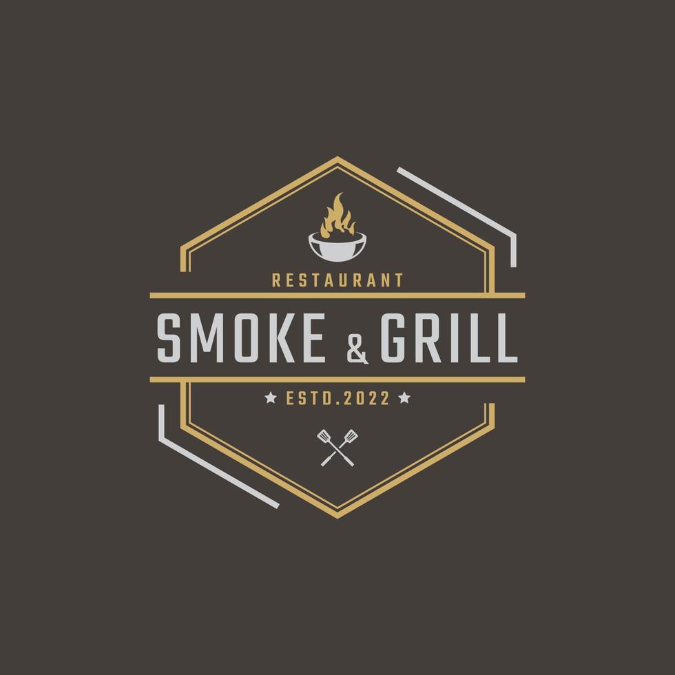 Vintage ▾ retrò distintivo emblema griglia barbeque bbq fuoco fiamma logo design lineare stile vettore