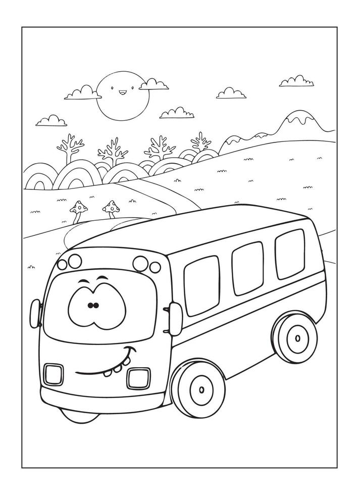 contento autobus con natura e città colorazione pagina per bambini vettore