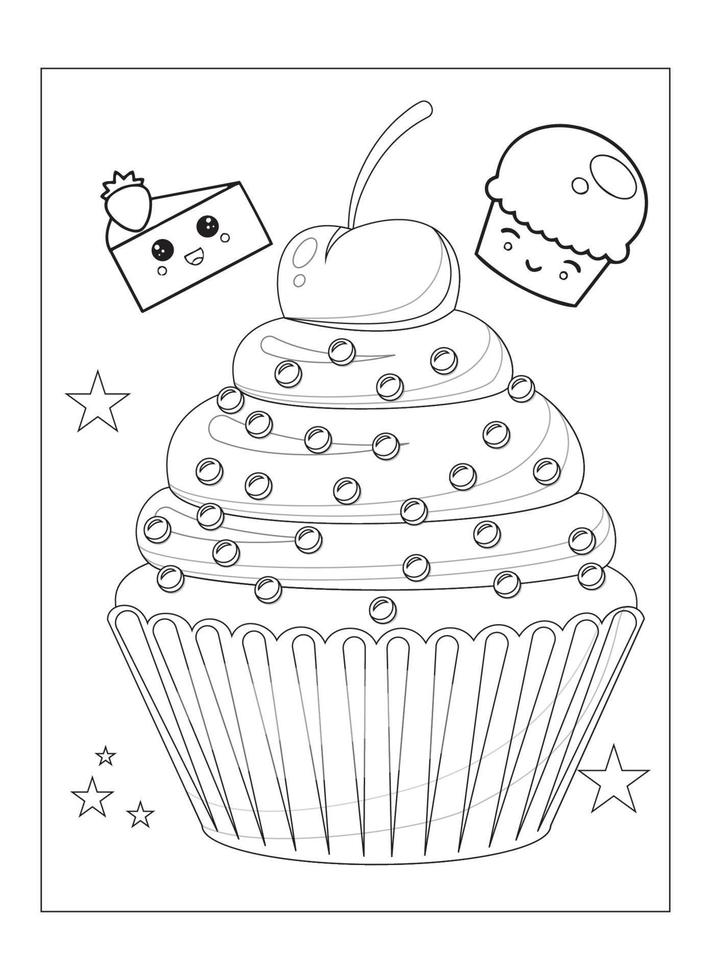 carino kawaii Cupcake colorazione pagina per bambini vettore